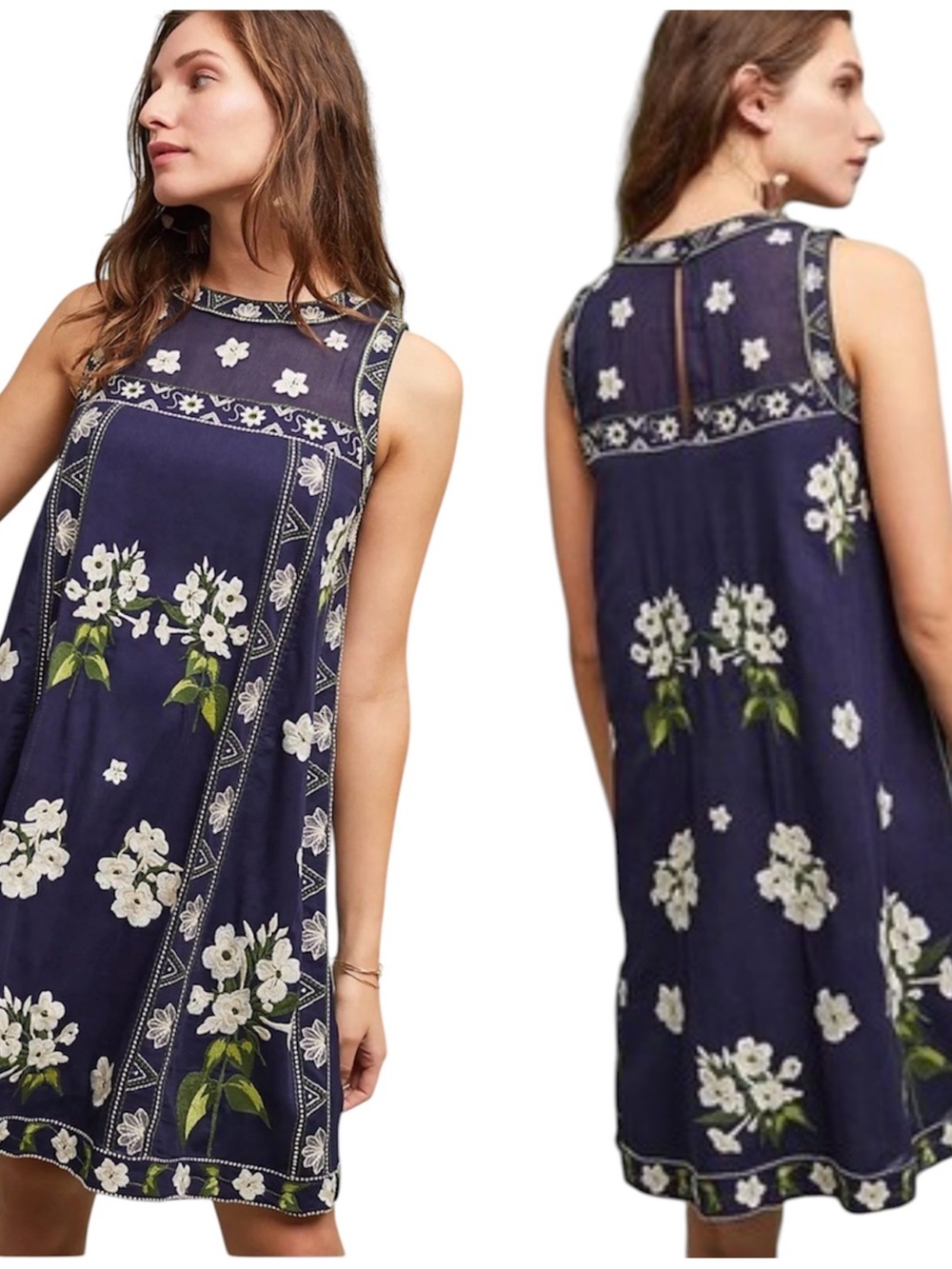 Anthropologie Maeve Navy White Rosa Embroidered Forest Fairy Sleeveless Dress 0